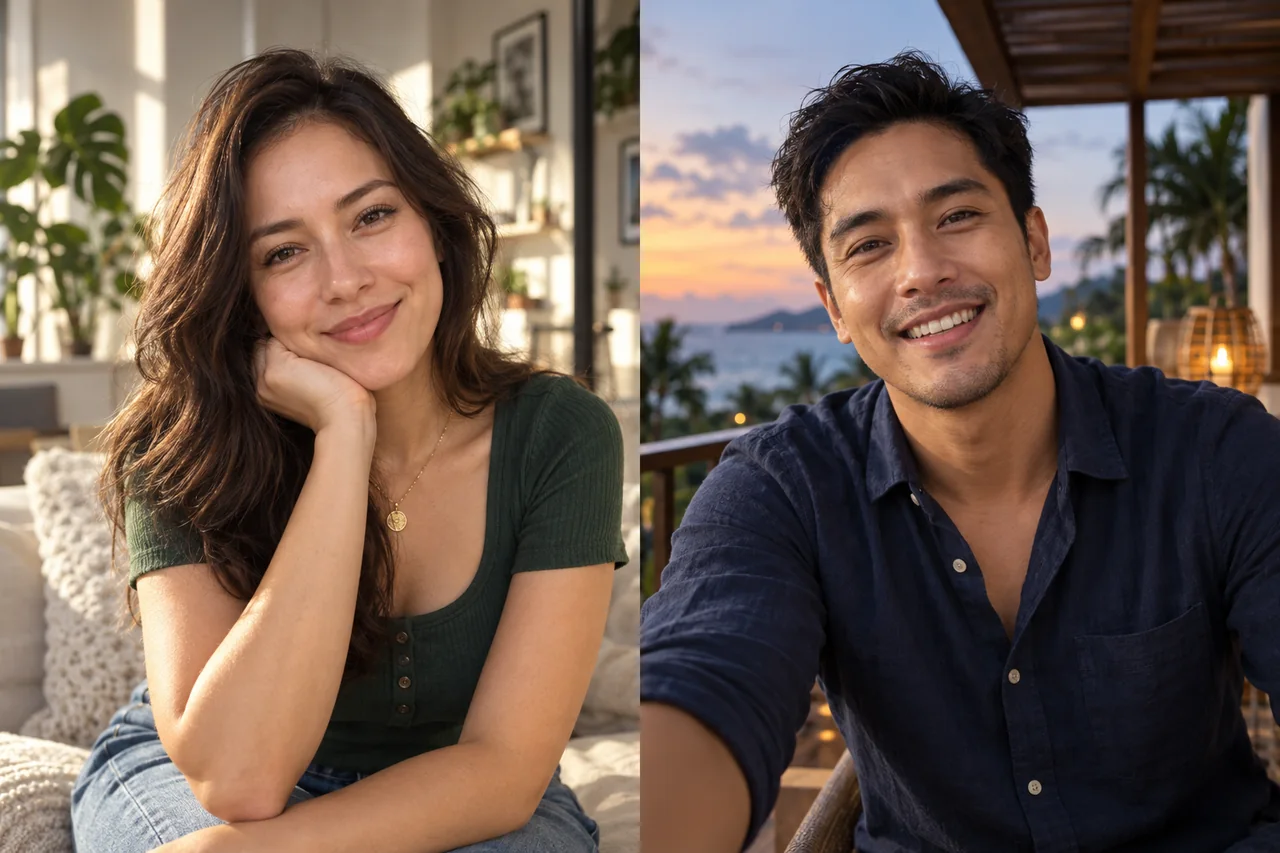 Perempuan dan laki-laki dewasa menyapa dari dua tempat berbeda.