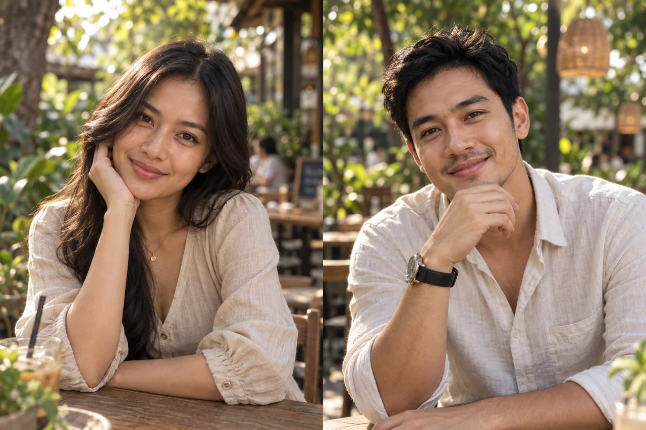 Perempuan dan laki-laki dewasa tersenyum di kafe luar ruang.